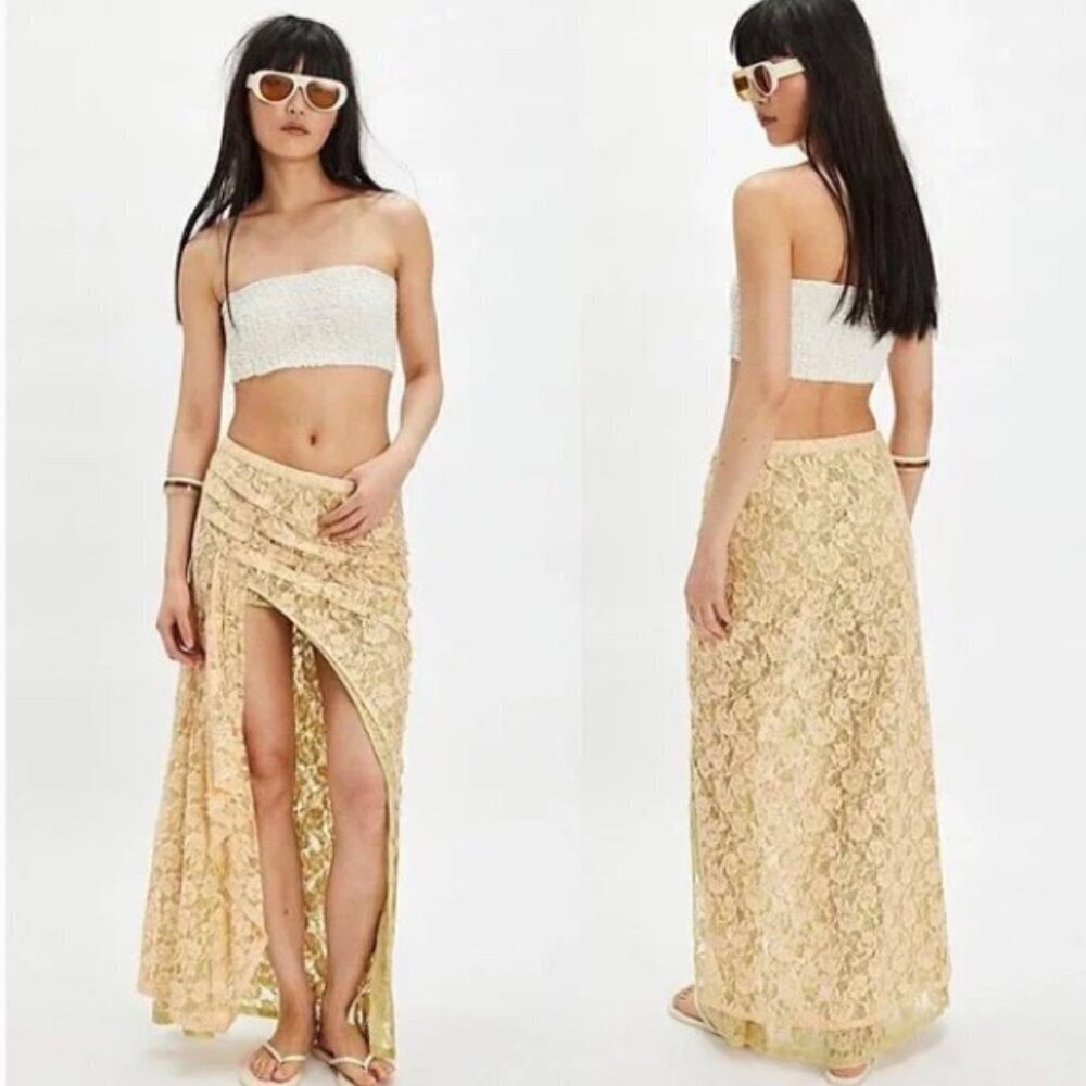 Free People FP One Solene Creme Peach High Low Maxi Skirt Stretch Lace Med NWT